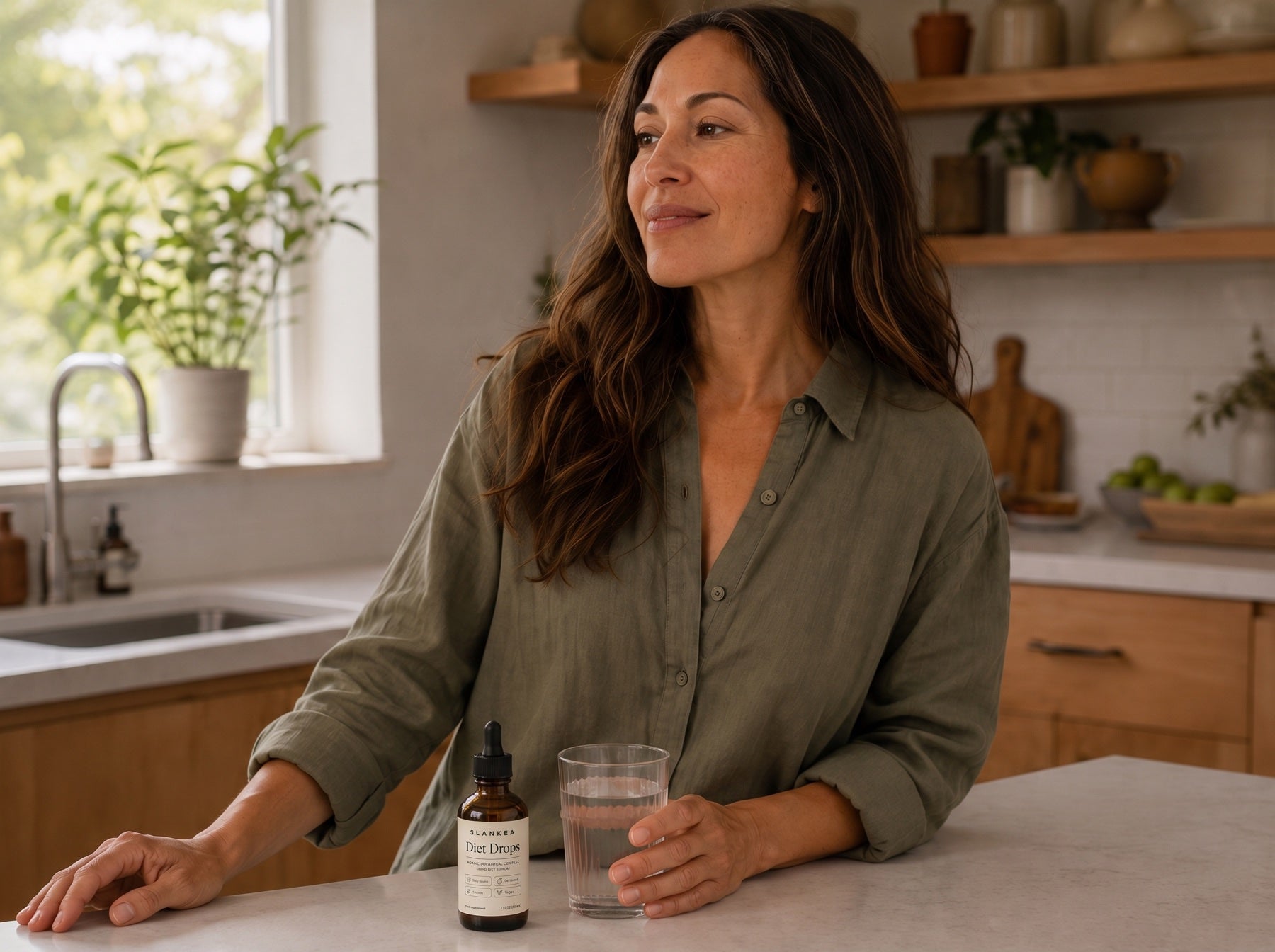 A woman getting on with her day, the Slankea bottle on the counter