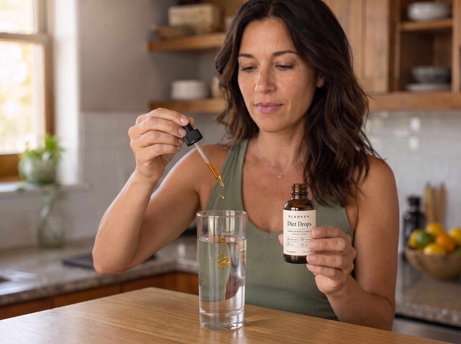 A woman adding Slankea Diet Drops to a glass of water on her kitchen counter
