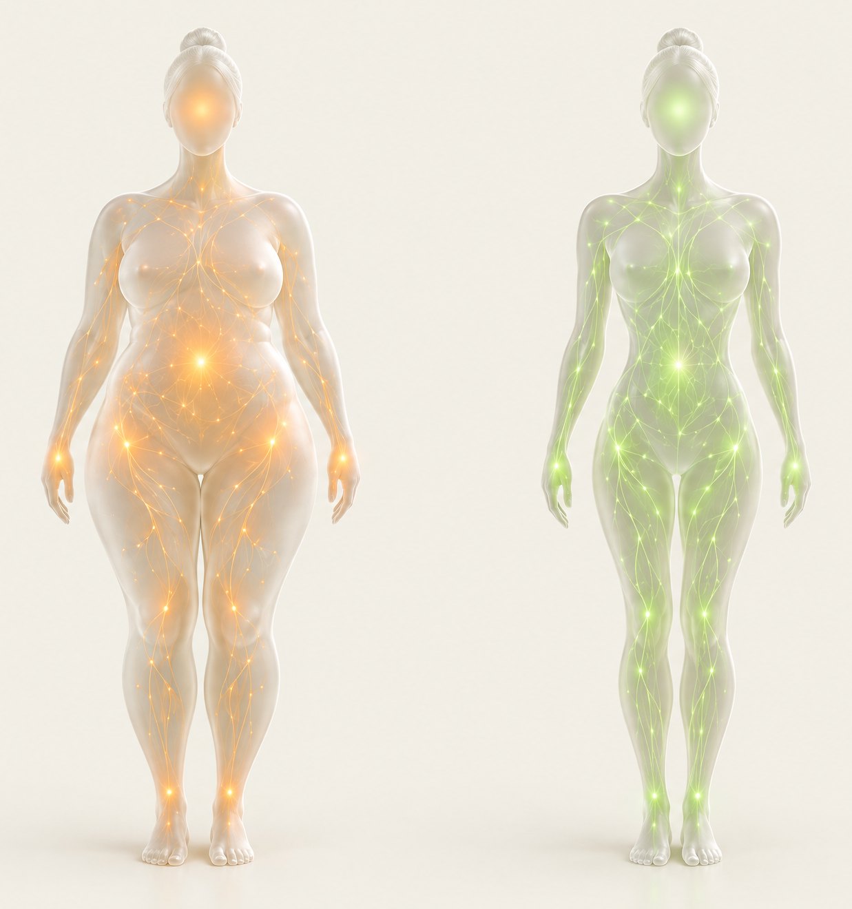Two silhouettes of the same woman: on the left with trapped fluid, glowing orange; on the right lighter, glowing green